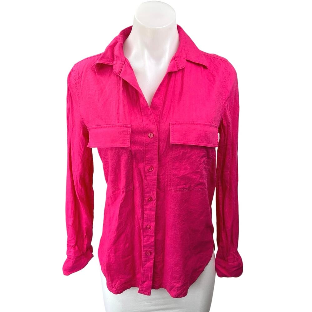 Aritzia Babaton Pink Linen Long Sleeve Pocket Button Down Shirt Top Size 2XS